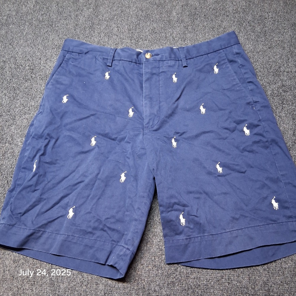 Polo Ralph Lauren Chino Shorts Blue White Pony All Over‎ Embroidered Size 33
